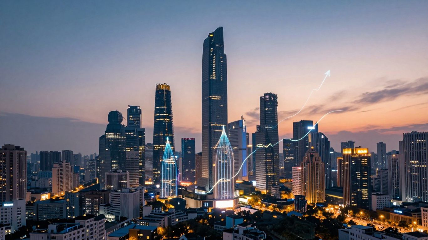 Modern cityscape with glowing digital streams, financial growth.