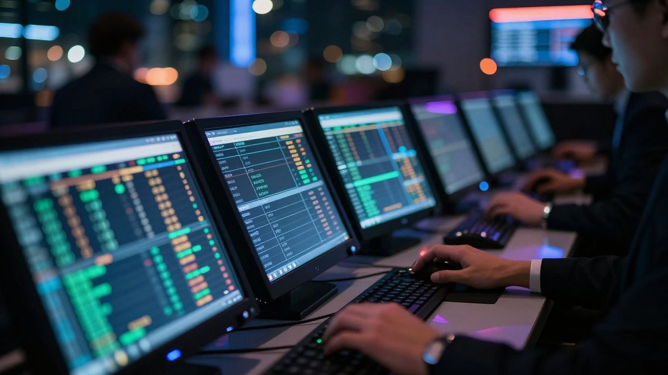 Forex trading desk with glowing screens