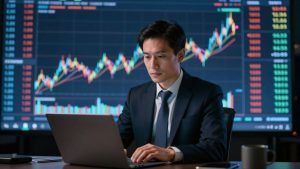 Forex.com review with trader and currency exchange visuals.