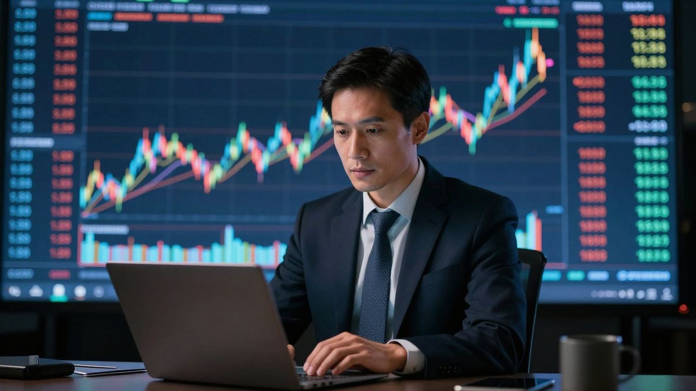Forex.com review with trader and currency exchange visuals.