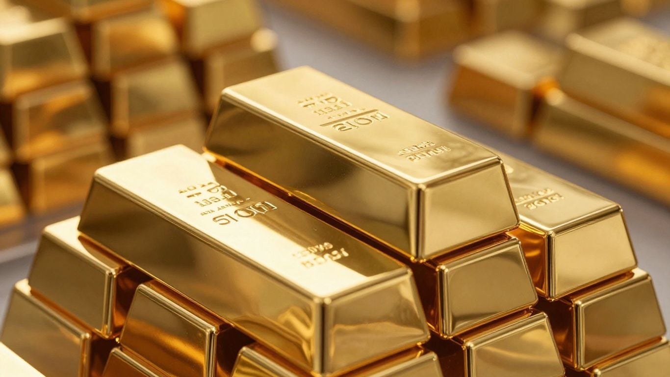 Gold bars stacked in a vault, gleaming.