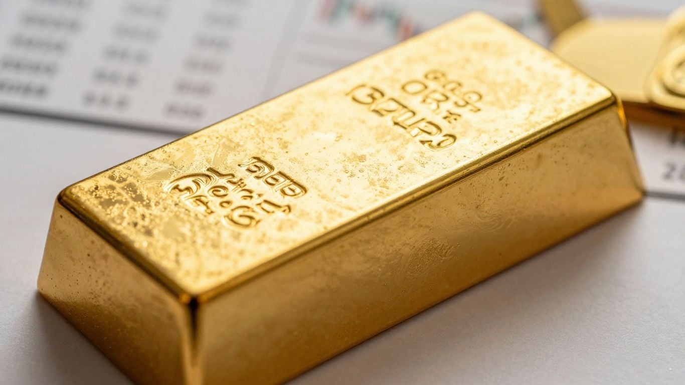 Gold bar reflecting light, financial market background.