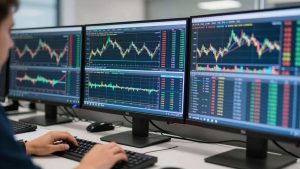 Forex trading desk with monitors showing market data.