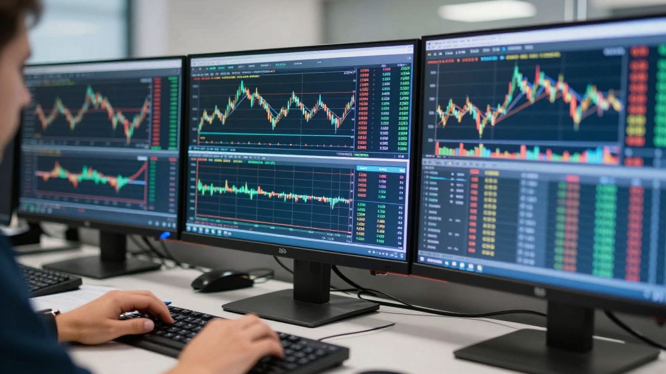 Forex trading desk with monitors showing market data.