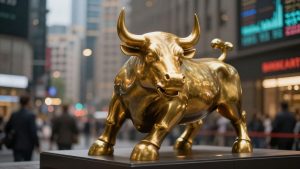 Golden bull statue symbolizing financial success and trading prosperity.
