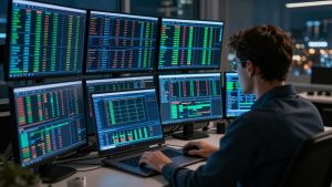 Trader coding forex robot at night office
