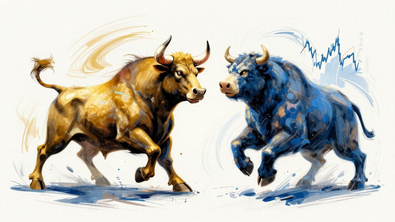 Bull and bear clashing in abstract financial market energy.
