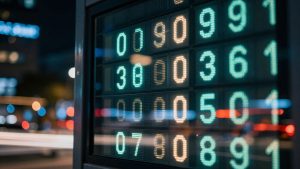 Stock ticker with glowing numbers and light trails.