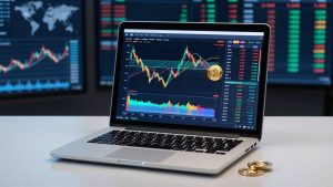 Financial trading on a laptop with abstract market visuals.
