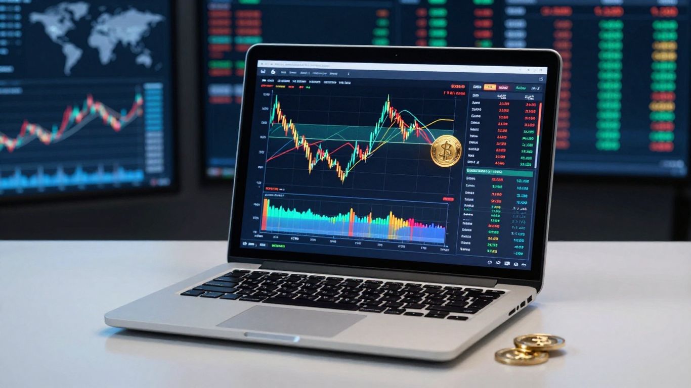 Financial trading on a laptop with abstract market visuals.