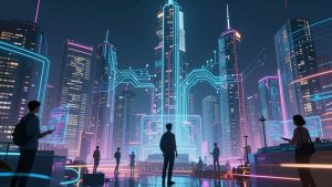 Futuristic cityscape with glowing AI circuits and holographic interfaces.