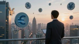 Forex swing trading concept with cityscape and currency symbols.