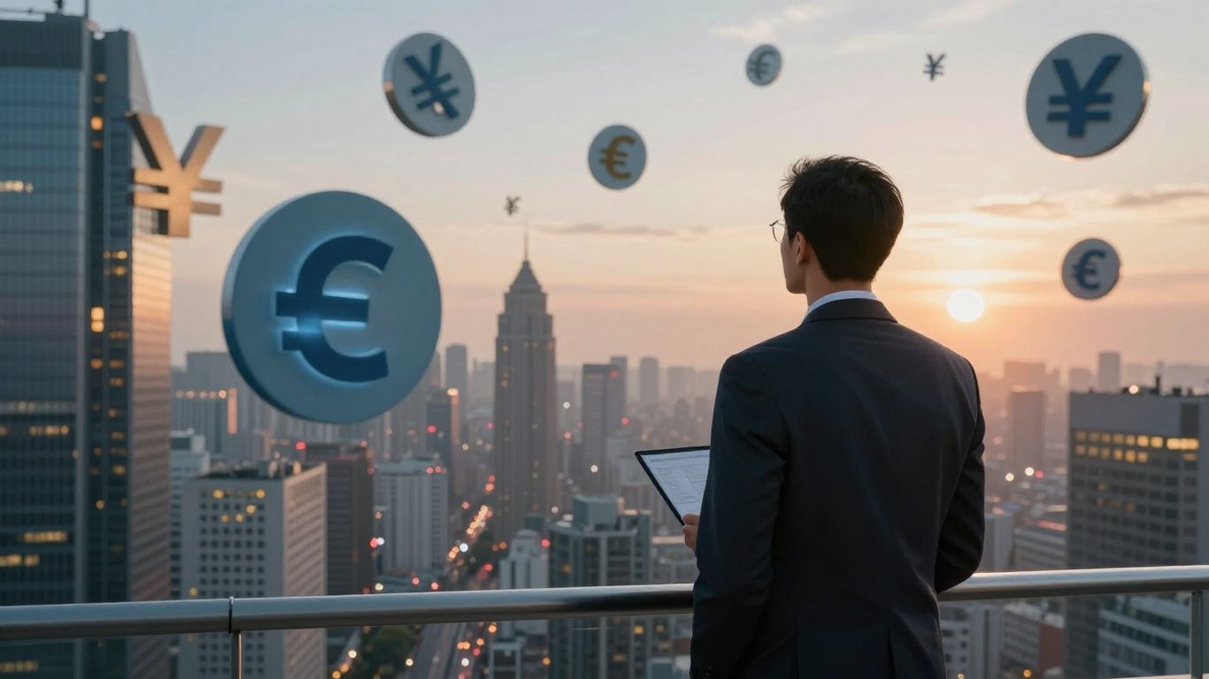 Forex swing trading concept with cityscape and currency symbols.