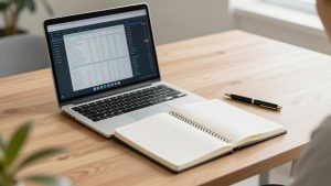 Customizable trade journal template on a laptop.