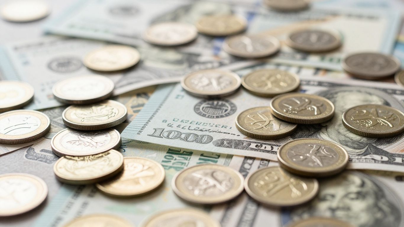 Global currency banknotes and coins close-up.