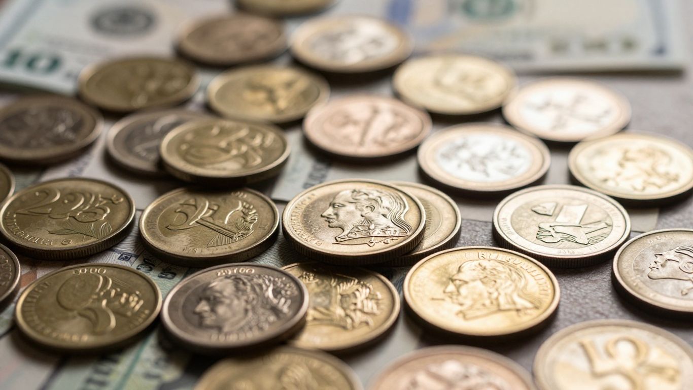Global currency coins and banknotes, financial market background.