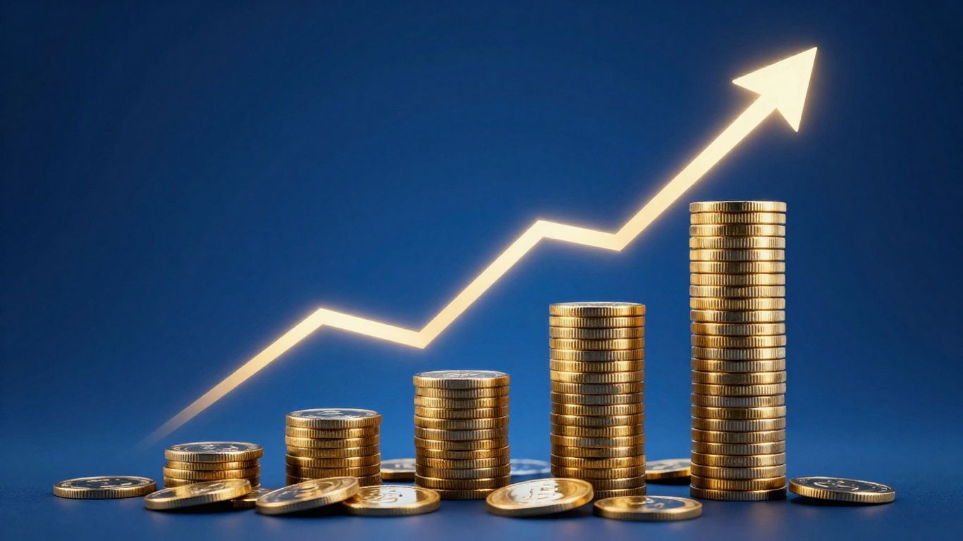 Financial growth with golden coins and light trails.