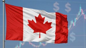 Canadian flag with abstract financial market background.