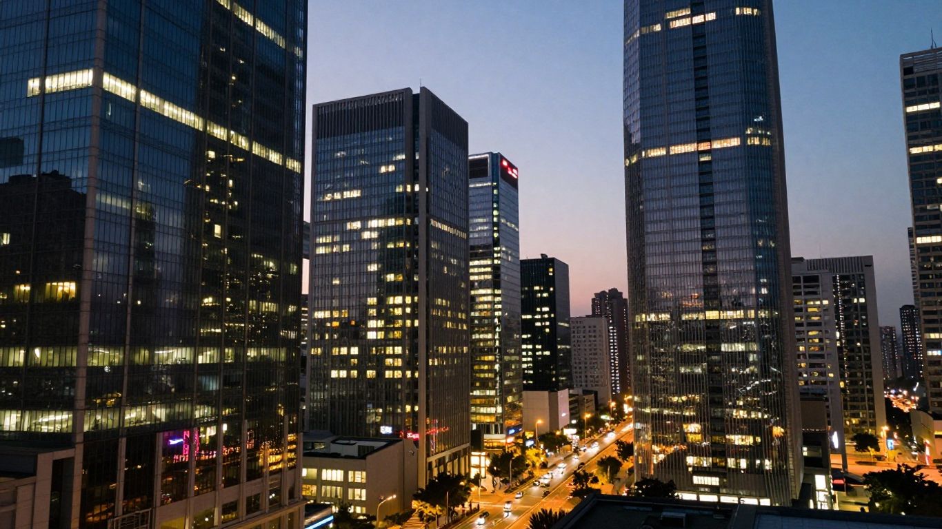 Modern cityscape with financial district at dusk.