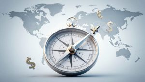 Forex trading analysis with currency symbols and compass.