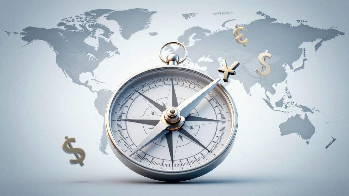 Forex trading analysis with currency symbols and compass.