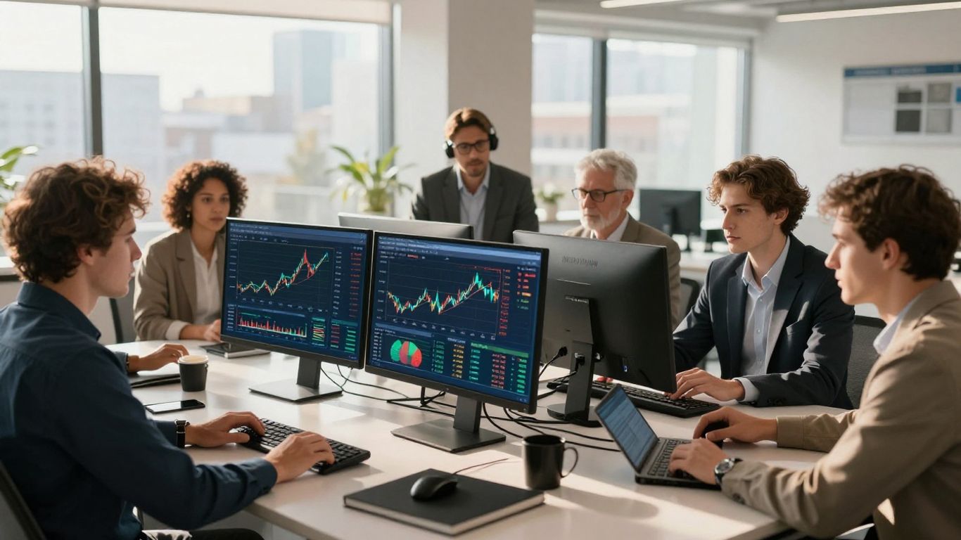 Investors at a modern trading desk with holographic displays.