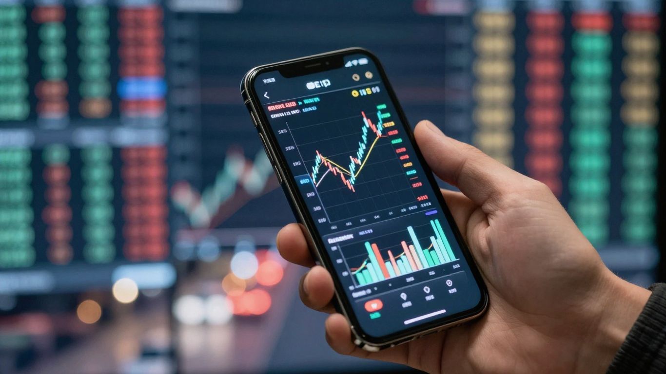 Forex trading on a smartphone with city lights.
