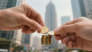 Hands placing coin on stack, financial district background.