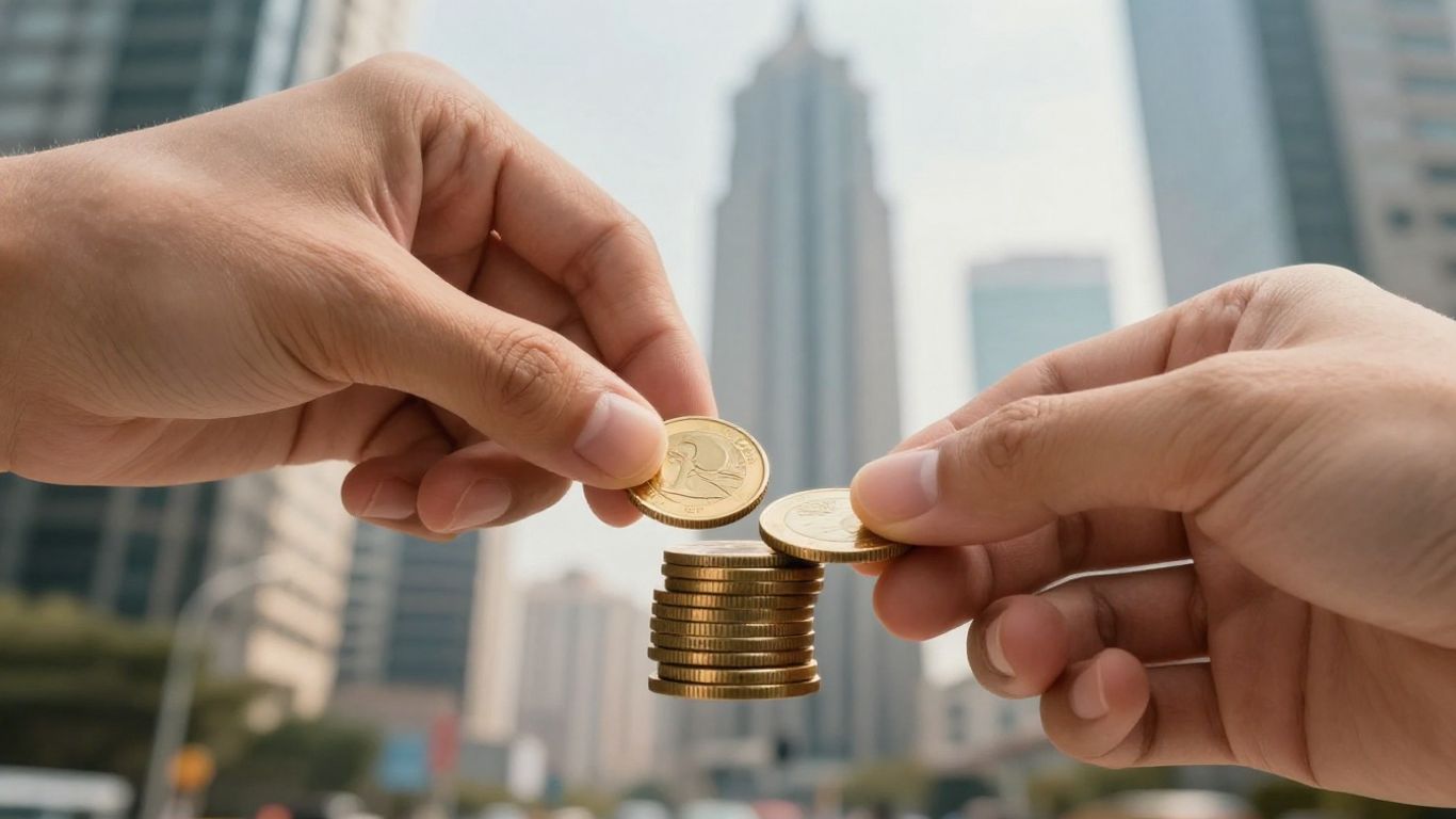 Hands placing coin on stack, financial district background.