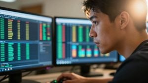 Day trader focused on cryptocurrency screens.