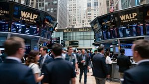 Wall Street trading floor with New York skyline.