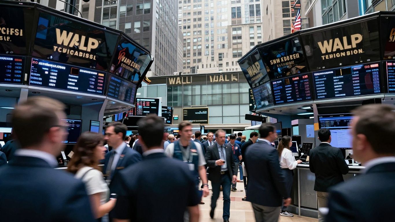 Wall Street trading floor with New York skyline.