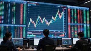 Automated forex trading concept with digital displays.