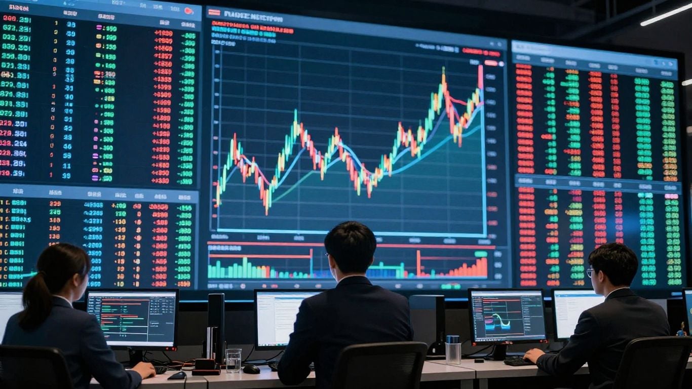 Automated forex trading concept with digital displays.