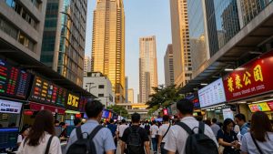 Asian stock market with skyscrapers and trading floor.
