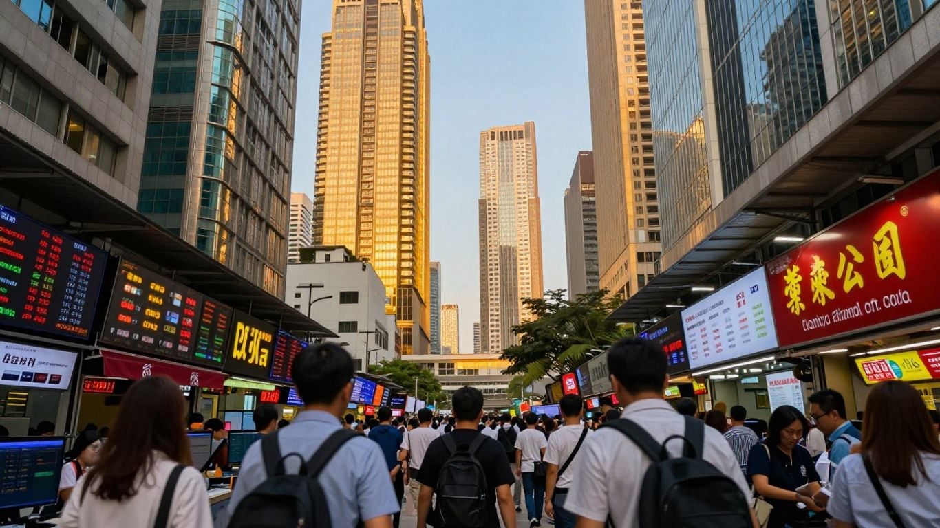 Asian stock market with skyscrapers and trading floor.