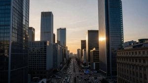 European market opening time, dawn cityscape, financial district