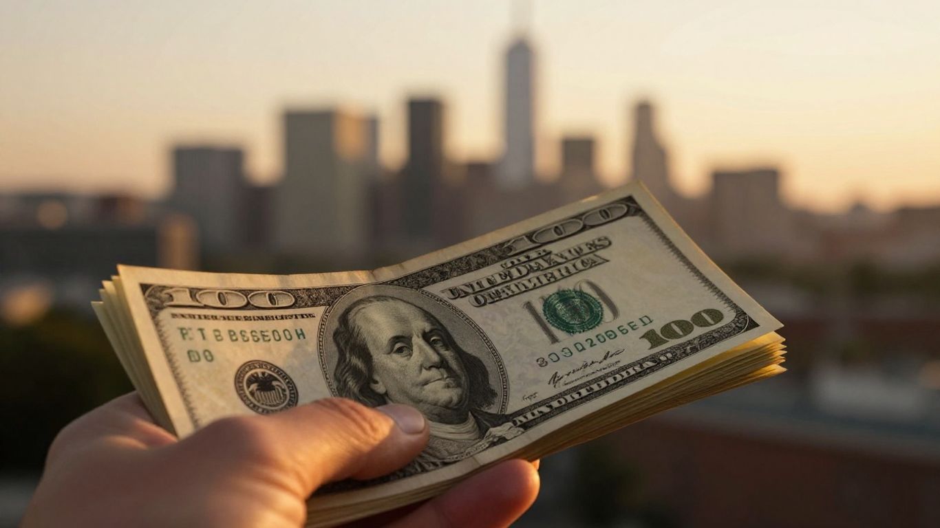 Forex trading success with money and city backdrop.