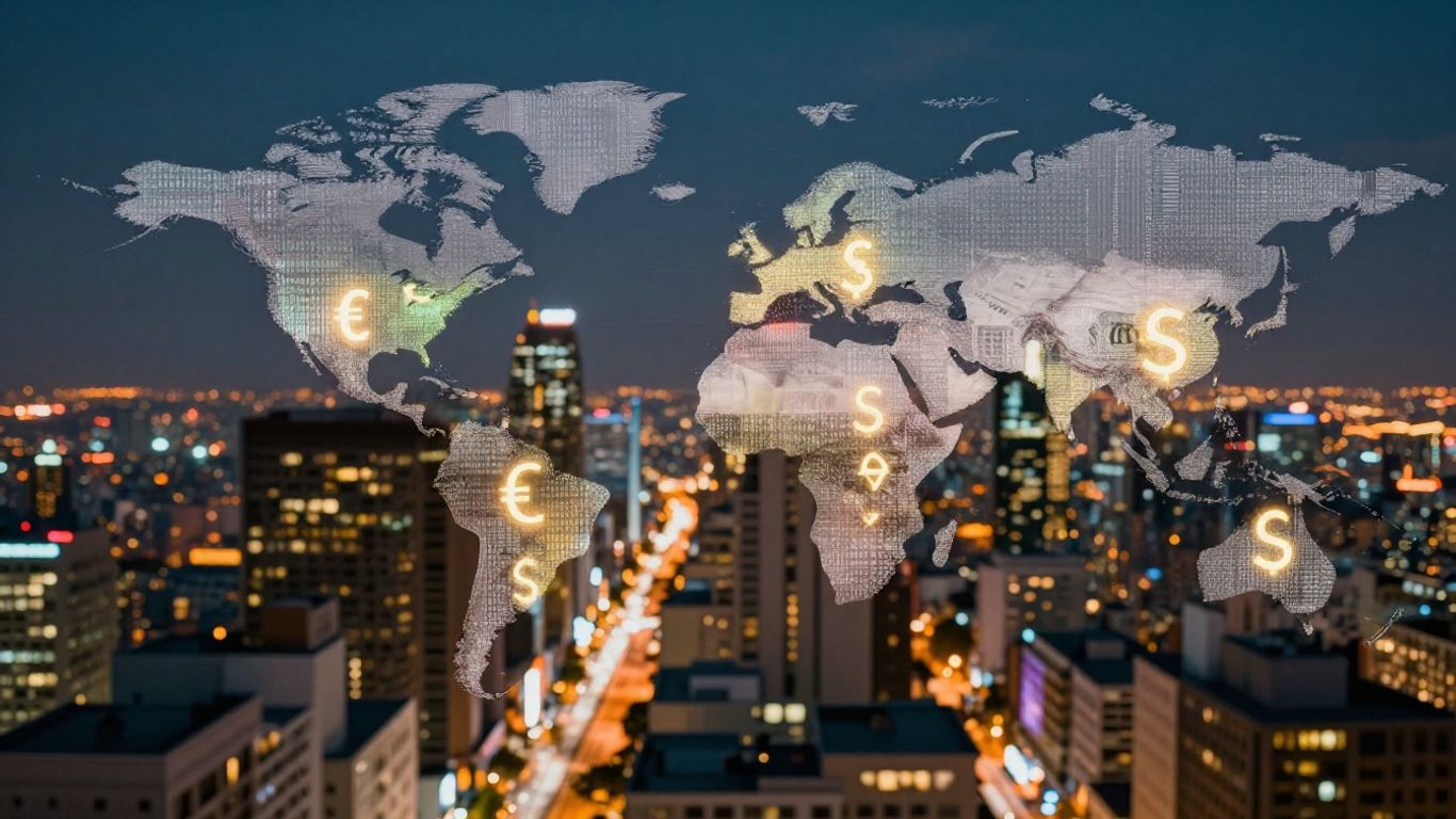 Global currency exchange with cityscapes and digital streams.