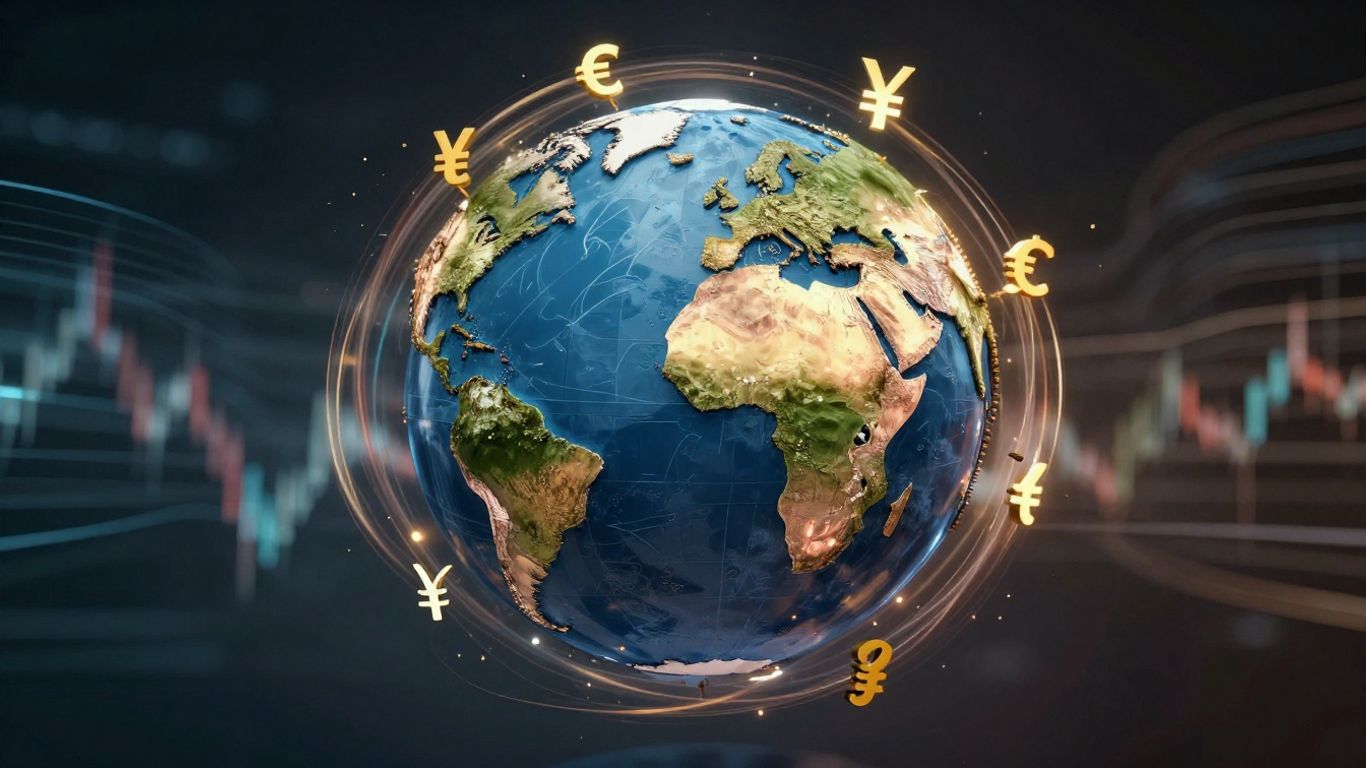Global finance and currency symbols swirling around a globe.