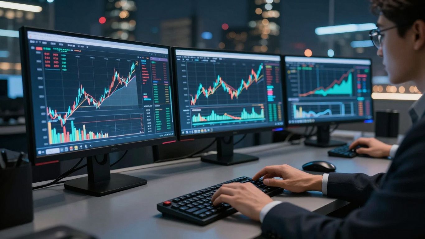 Trading desk with glowing monitors and cityscape background.