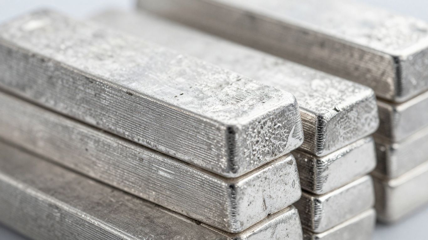 Silver bars stacked, reflecting light.