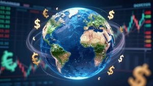 Forex trading concept with currency symbols and globe.