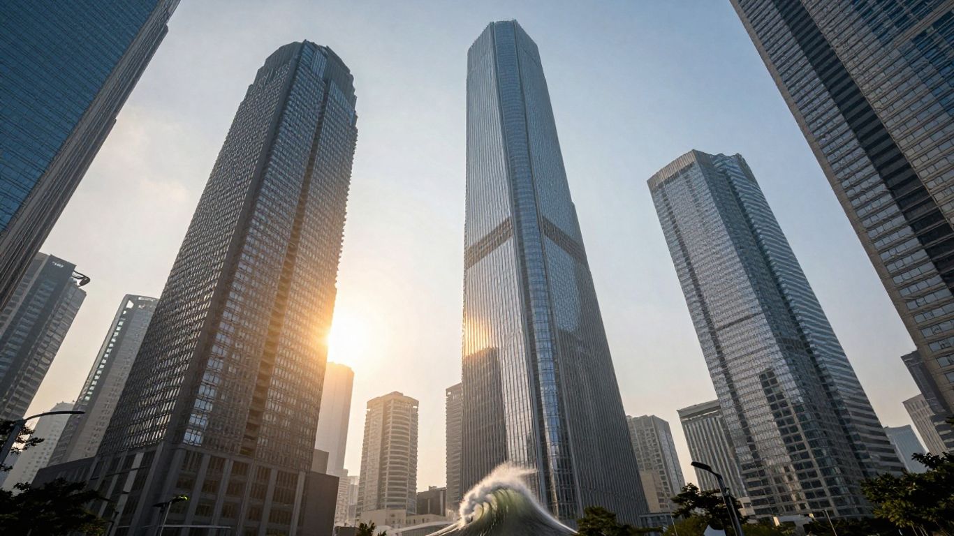 Upward wave cresting over city skyline at sunrise.