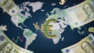 Forex trading concept with currency symbols and market movement.