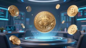 Cryptocurrency trading desk with digital currency symbols.