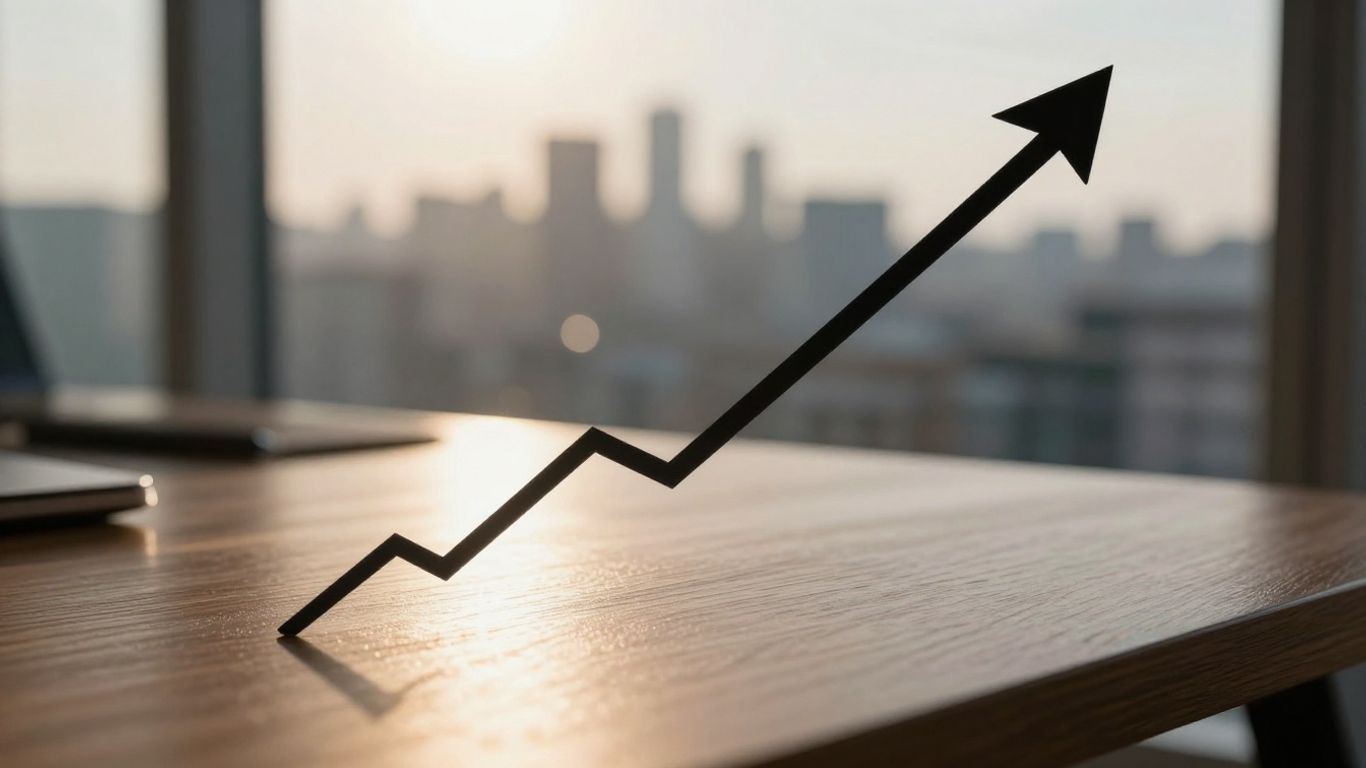 Financial chart with upward trendlines and city background.