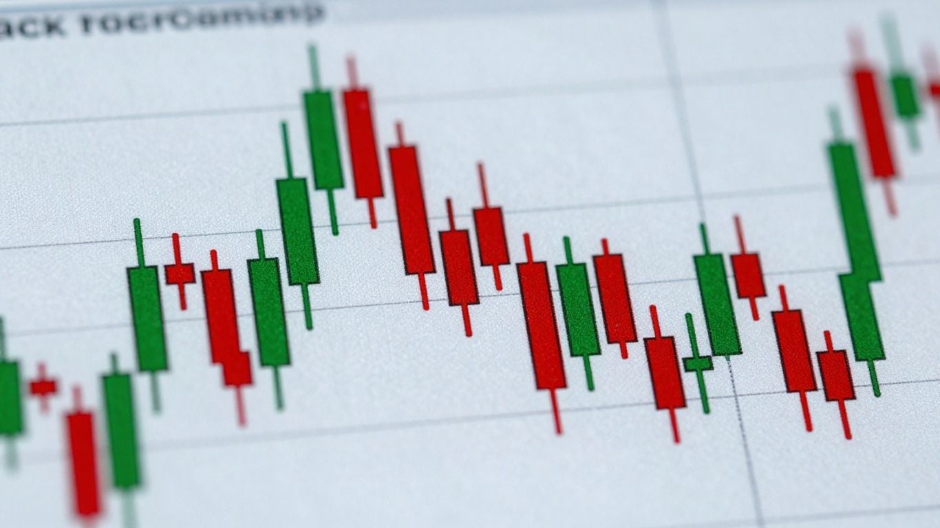 Stock market candlesticks showing price movements.