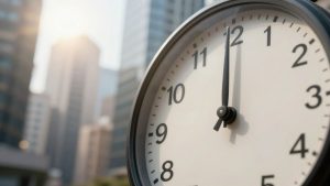 Clock face showing market opening time with city background.