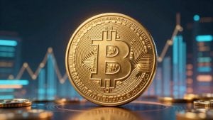 Golden Bitcoin coin with glowing digital streams and city lights.
